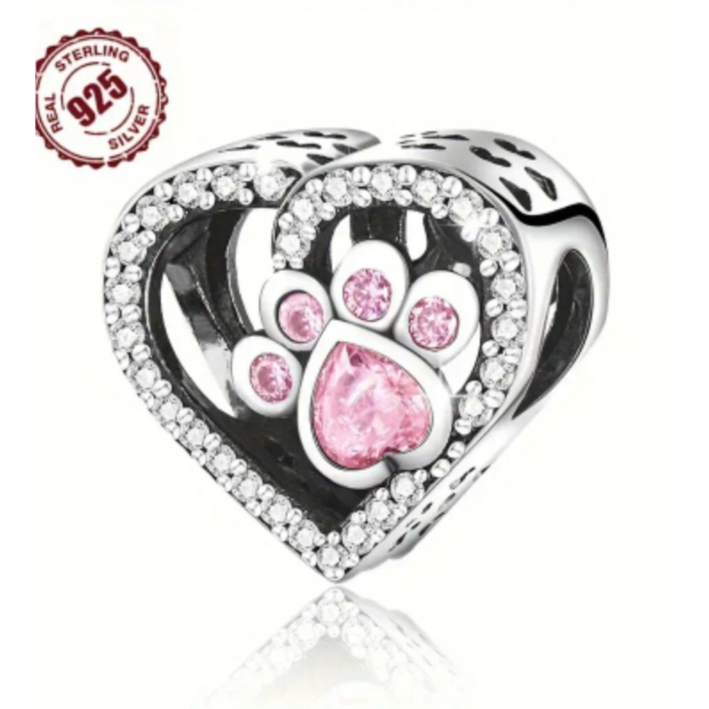 Silver Paw Print Heart Charm Bracelet Bead